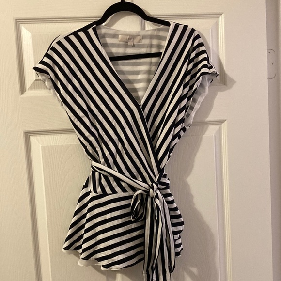 LOFT Tops - XL Black and White Stripe Loft Wrap Top. Peplum at the bottom.